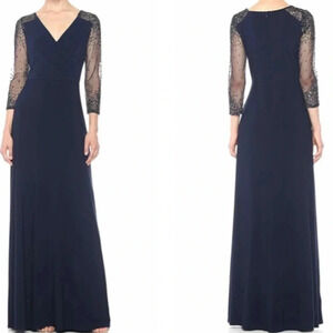 Adrianna Papell Jersey Beaded Evening Gown 3/4 Sleeve Surplice Midnight 12 NWT